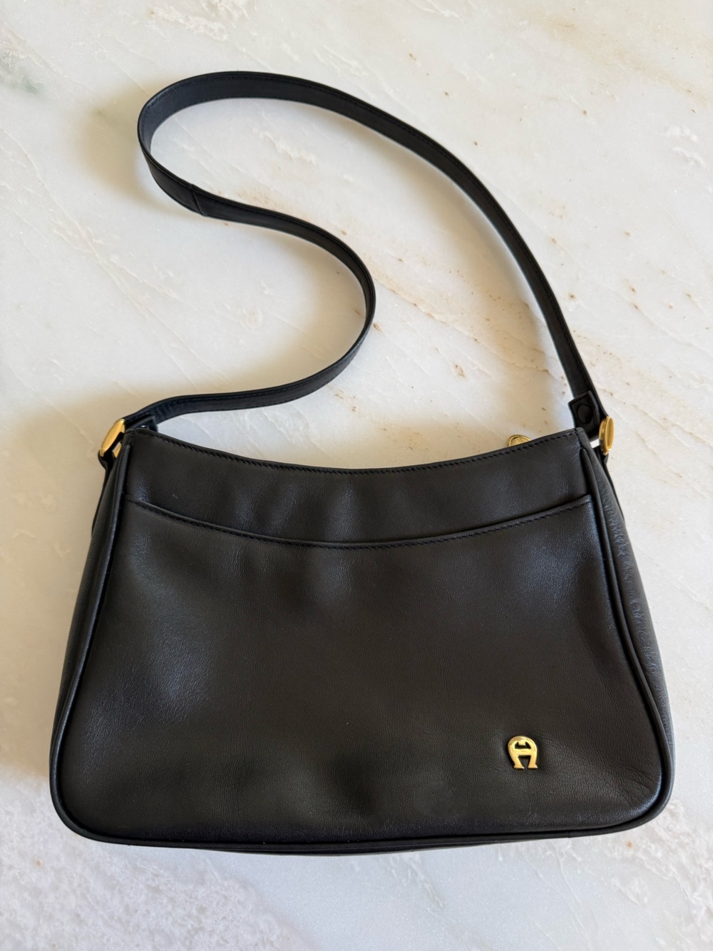 Etienne Aigner Black Leather Shoulder Bag with Gold Aigner Emblem